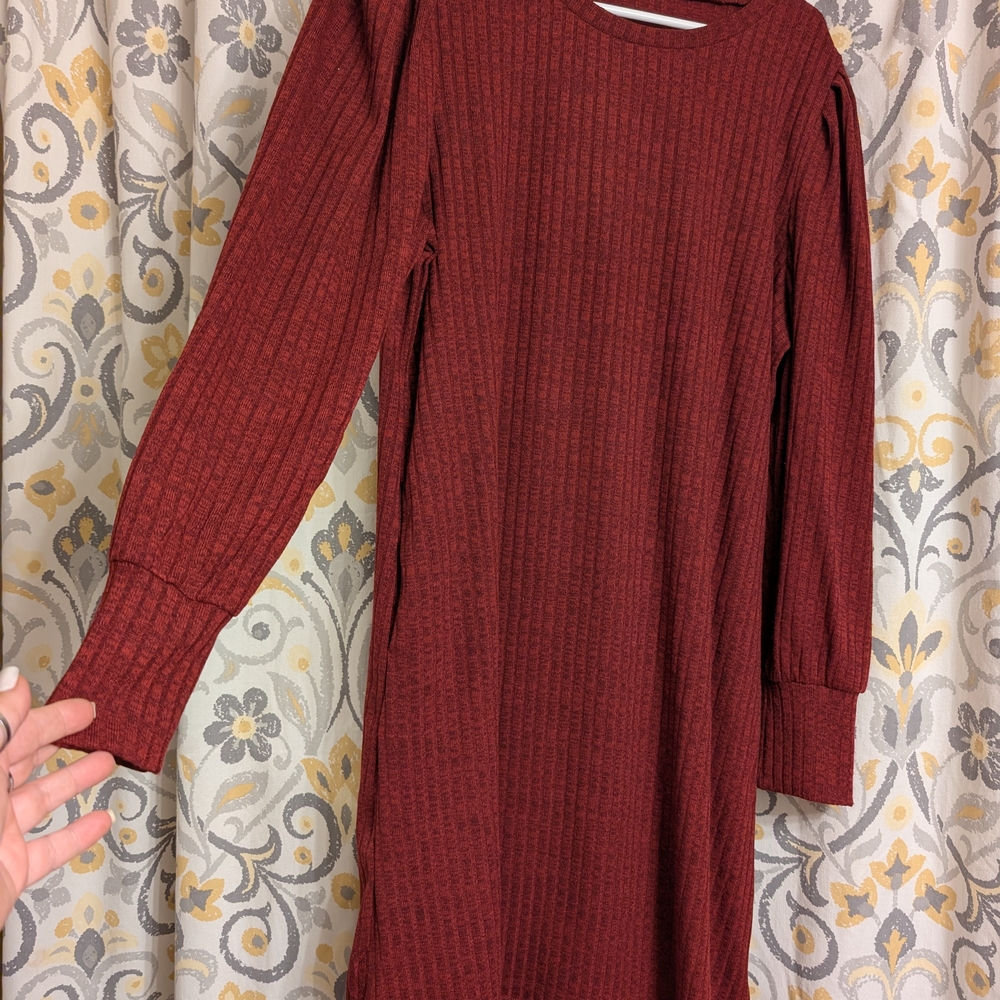 Zeagoo Burgundy Long Sleeve Ribbed Dress